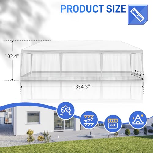 Outvita Outdoor Party Tent with Screen, 10x30ft Canopy Shelter with Netting Side Walls and 2pcs Doors for Event Yard Patio BBQ Picnic Parties White Outvita