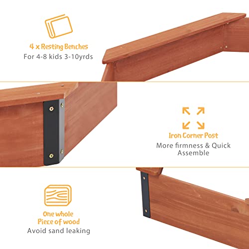 85''x78''x9'' Octagon Sandbox with Cover for Kids Outdoor Play, Wood Large Sandpit with 4 Benches, Quick Easy Install SoliWood