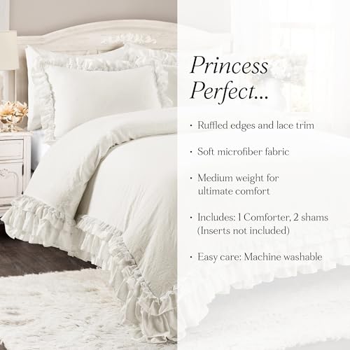 Lush Decor Ella Ruffle Lace Comforter, 3 Piece Set, Full/Queen, White - Cute Comforter - Queen Bedding Set - White Bedding Full Size - Coquette Decor - Ruffle Trim - Lace Trim Lush Decor