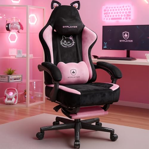 GTPLAYER Pink Gaming Chair Cute with Cat Ears Ergonomic Computer Chair with Cat Embroidery Adjustable Memory Foam Lumbar Support and Headrest Comfortable Reclining Office Chair Soft Velvet Fabric GTPLAYER