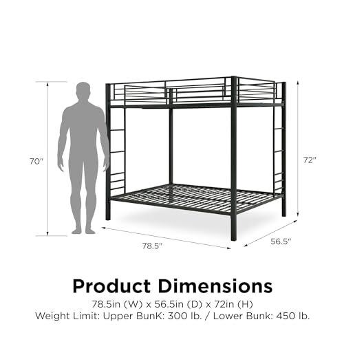 DHP Full Over Full Metal Bunk Bed, Black, Space-Saving Kids Furniture, Sturdy Frame, Guard Rails, Integrated Ladder DHP