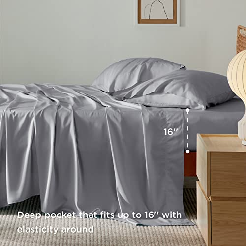 Bedsure Queen Sheet Set, Rayon Derived from Bamboo, Cooling Sheets, Deep Pocket Up to 16", PureWoven, Breathable & Soft, Hotel Luxury Silky Bedding for Hot Sleepers, Silver Grey Bedsure