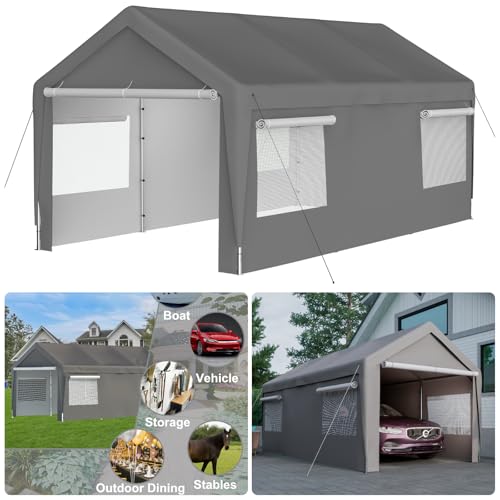 Trygoal 10x20 FT Heavy Duty Carport, Outdoor Storage Shed Tent with Removable Sidewalls & Roll-Up Ventilated Windows, All-Season Portable Garage Shelter with Rubber Ropes & Ground Anchors, Grey Trygoal