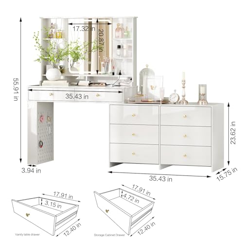 Ieejdn Makeup Vanity Desk with Mirror and Lights, Vanity Desk with 8 Drawers & Storage Shelves, Vanity Table with Power Outlet, 3 Color Modes & Adjustable Brightness Dressing Table, Bedroom,White Ieejdn