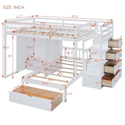 Ball & Cast Full Over Twin Bunk Bed with Safty Guardrail & Storage Stair,Wood Loft Bedframe W/Wardrobe & Drawers,Space-Saving Design,Easy Assembly,Versatile Furniture for Boy Girl Teen Bedroom,White Ball & Cast