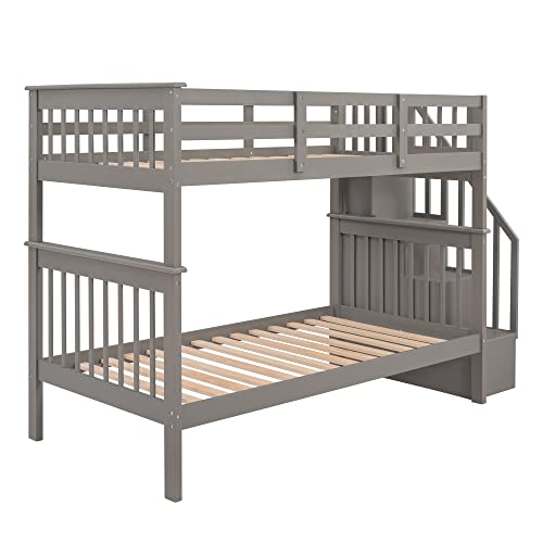 Harper & Bright Designs Twin Over Twin Bunk Bed with Storage Staircase, Wood Bunk Bed with Full-Length Fence Kids, Teens & Adults, Convertible Bunk Beds, Gray Harper & Bright Designs