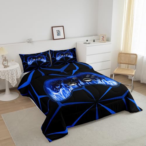 Feelyou Kids Gamer Comforter Set,Gaming Bedding Set Twin Size for Boys Girls,3D Geometric Video Game Console Comforter,Blue and Black Game Contoller Bed Set for All Season Feelyou