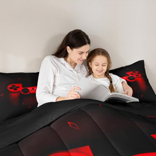 Boys Gamer Comforter Set Queen Size,Gamepad Bedding Set Kids Young Man Video Games Down Comforter for Teen Child Game Room Decor Black Red Classic Retro Gaming Quilted Duvet Set with Pillowcase Erosebridal