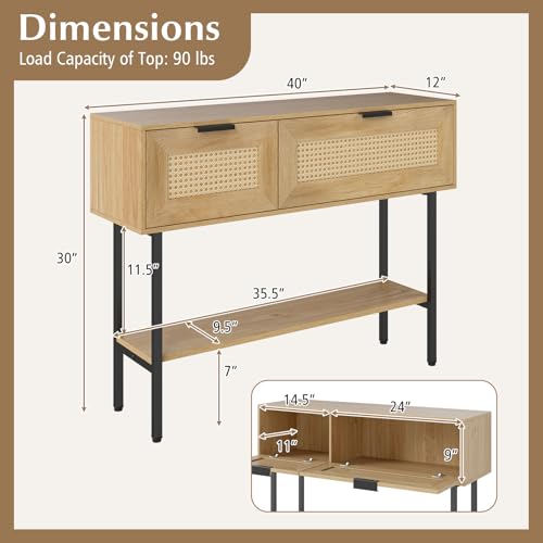 Giantex Rattan Console Table with Storage, 40" Boho Entryway Table w/ 2 Flip Door Cabinets & Shelf, Metal Frame, 2 Anti-Tipping Kits, Narrow Long Behind Couch Sofa Table for Entrance Hallway, Natural Giantex