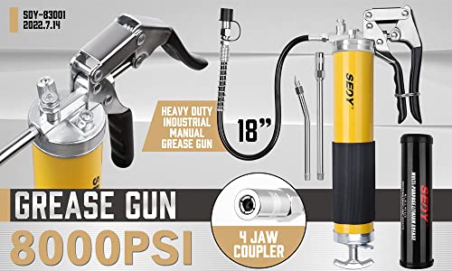 Heavy Duty Grease Gun Kit - 14oz Free Grease Tube 8000 PSI Pistol High Pressure Flexible Hose Bearing Grease Pump Marine Durable Connectors Adapters Extension Tubes Nozzle Easy Operation SEDY