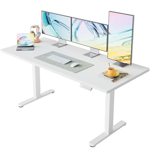 HUANUO 63 x 28 inch Electric Standing Desk Adjustable Height, 4 Memory Height Settings, Sit Stand Up Desk for Home Office & Computer Workstation, White HUANUO