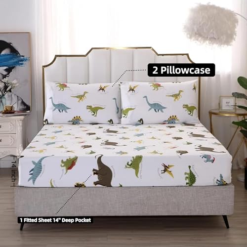 MAG 3PCS White Dinosaur Queen Size Bedding Sheet Sets Included 1*Fitted Sheet and 2 Pilowcase for Kids, Boys and Girls (Queen, White) MAG