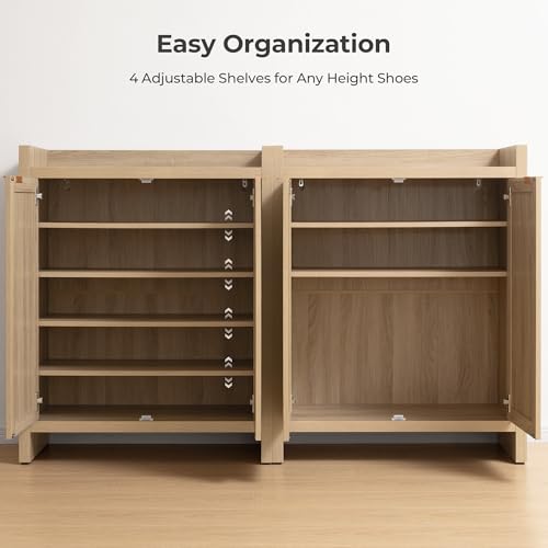 SICOTAS Shoe Cabinet, 24 Pair Shoe Storage Organizer Cabinet, 41" Tall Rattan Shoe Cabinet with Doors and Shelves, 6-Tier Farmhouse Boho Wooden Storage Cabinet for Entryway Hallway Closet, Light Oak SICOTAS