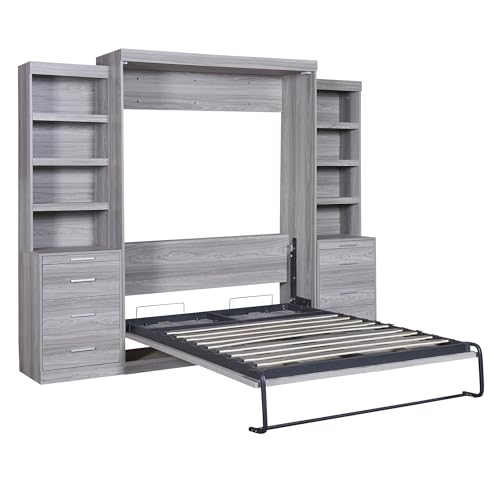Merax Full Size Murphy Bed with Storage Shelves and Drawers, Full Size Murphy Bed Cabinet, Wood Wall Hidden Beds for Teens or Adults, No Box Spring Needed, Gray Merax