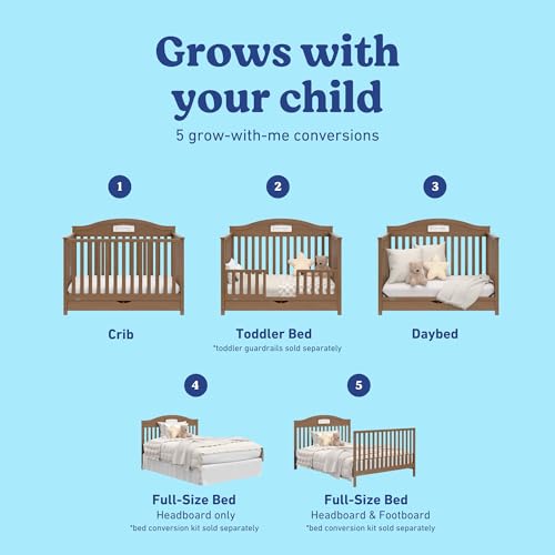 Graco Story 5-in-1 Convertible Crib with Drawer – GREENGUARD Gold Certified Wood Crib, Converts to Toddler Bed, Daybed, Full-Size Bed, Nursery Storage Drawer, Reversible Headboard (Hazelnut)
