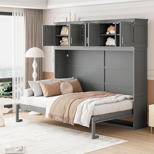 Virubi Queen Horizontal Murphy Bed with Storage Cabinet,Wood Folding Murphy Wall Bed for Adult (Grey,Queen) Virubi