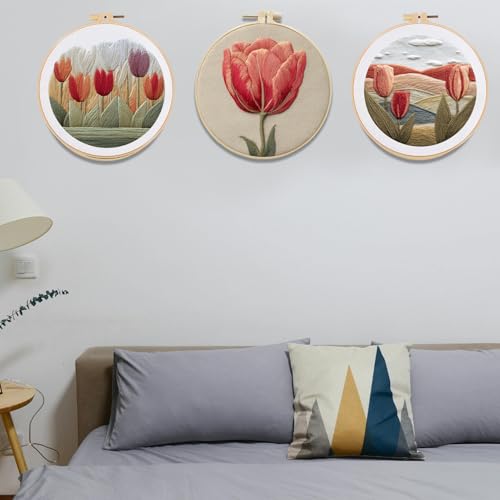 FONNUY Embroidery Kit for Beginners, Tulips Flowers Pre-Stamped Pattern Kits for Adults with Hoop, Easy to Follow Color Thread Needlework, 8'' Hoop (Red)