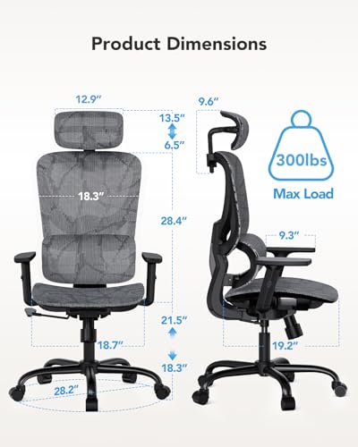 HUANUO Ergonomic Mesh Office Chair with 5-Level Lumbar Support, Computer Gaming Chair with Adjustable Headrest & Armrests, Rocking Tilt, Comfortable High Back Desk Chair for Home Office HUANUO