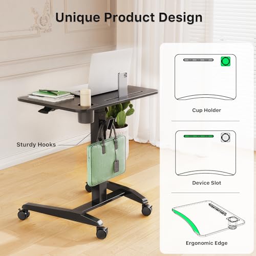 Gibbon Mounts Mobile Standing Desk, Height Adjustable Rolling Laptop Desk with Cup Holder, 27 inches Portable Sit Stand Desk with Wheels and Hook, Pneumatic Computer Table, Black Gibbon Mounts