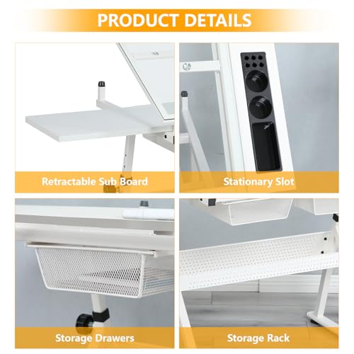 BAOMKONG Drafting Table and Stool Set, Tempered Glass Drawing Table with Adjustable Tabletop and Height Art Table for Artist Painters Home Office, White BAOMKONG