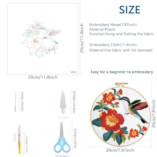 Zhenqing 3-Piece Hummingbird Embroidery Kit for Beginners - Complete Set with Pre-Printed 29x29cm Cotton Fabric, Hoop, Threads & Tools (C0168)