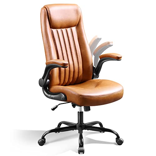 DEVAISE Executive Chair Computer Office Chair, High Back Ergonomic Desk Chair with Adjustable Flip-up Armrests, Lumbar Support and Thick Headrest, Brown DEVAISE