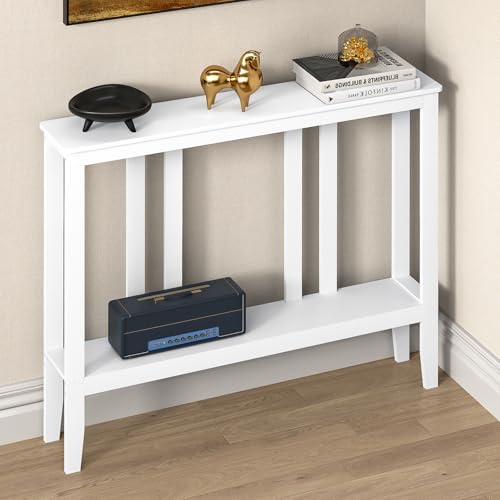 ELYKEN Bamboo Console Tables for Entryway, 36.2" Long 2 Tier Hallway Table Behind Couch, 7” Narrow Sofa Table for Entrance, Entry, Living Room, White ELYKEN