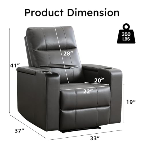 ANJ Home Theater Seating Power Recliner with Hidden Arm Storage, Single Faux Leather Recliners with Tray Table, Electric Movie Reclining Chairs with USB Ports & Cup Holders for Media Room, Grey