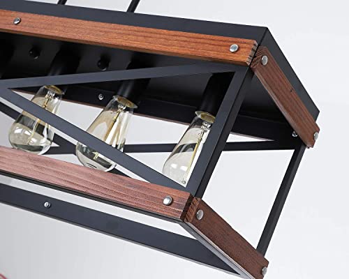 Rustic Farmhouse Kitchen Island Lighting, Wood and Metal Linear Chandelier, 5 Lights Industrial Pendant Light Fixture for Kitchen Island Dining Room Living Room Table, Black Fivess Lighting