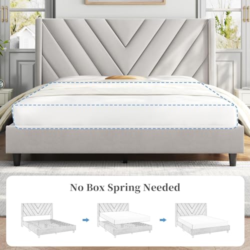 Yaheetech Beige Queen Upholstered Platform Bed with Wing Headboard & Wooden Slat Support Yaheetech