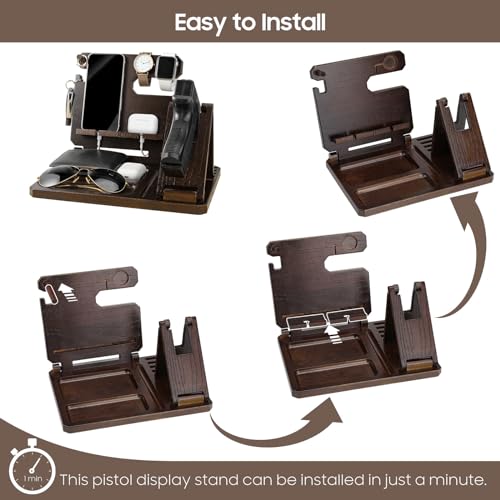 Roylvan Multifunctional Wooden Gun Rack, Durable Nightstand Organizer with Pistol Rack for Phone Wallet Ring Key Military Watch Pistol Display Stand Gun Gifts for Men Husband Dad Boyfriend, Dark Brown Roylvan