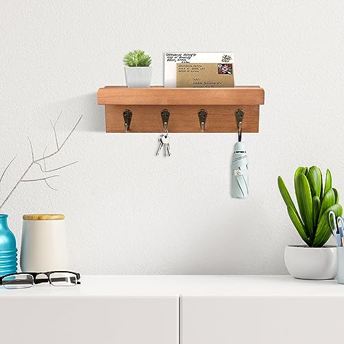 HRONRAD Rustic Key Holder for Wall, Farmhouse Wall Shelf with 4 Hooks, Wall Mounted Key Racks, Wooden Mail Organizer with Hooks for Entryway (Brown - Oak) HRONRAD