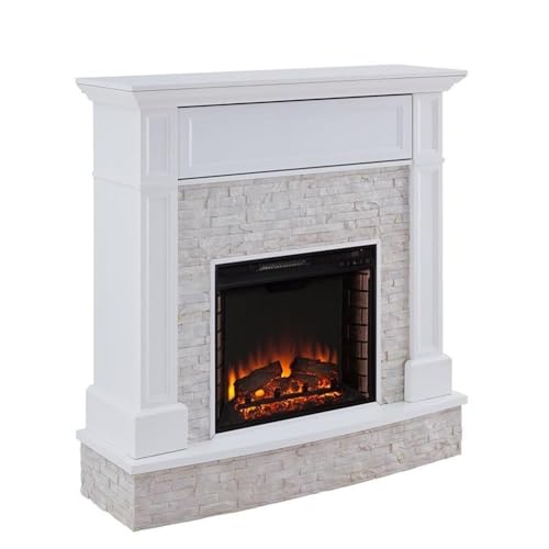 Bowery Hill Faux Stone Electric Fireplace TV Stand in White Finish BOWERY HILL