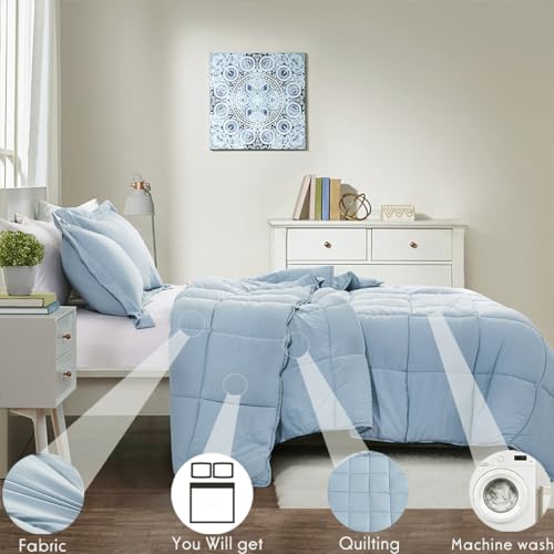 HIG Pre Washed Down Alternative Comforter Set Twin - Reversible Chic Quilt Design - Box Stitched with 4 Corner Tabs - Lightweight for All Season - Blue Duvet Comforter with 2 Pillow Shams HIG