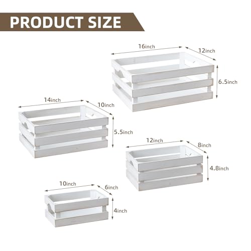 JUMBO HUMBLE Set of 4 Large Wooden Decorative Storage Crates, Whitewashed Nesting Wooden Crates for Display Rustic, Farmhouse Wooden Storage Container Boxes Made from 100% Wood JUMBO HUMBLE