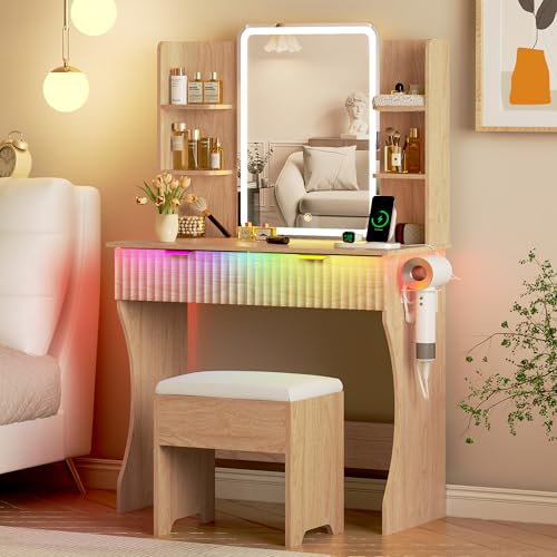 Vanity Desk with LED Lights Mirror & Power Outlet, Small Makeup Vanity Table Set with Storage Drawers & Chair, 3 Lighting Modes & Adjustable Brightness, Dressing Table for Women Girls Bedroom, Oak Xixini