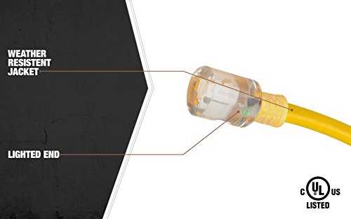 Woods 02689 Southwire Extra Heavy Duty Extension, 100Ft, 10 Gauge, 3 Conductor, Outdoor Cord, Lighted End, SJTW, Yellow, 100 Feet Woods