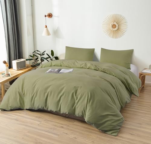 Colourful Snail 100-Percent Natural Washed Cotton Duvet Cover Set, Ultra Soft and Easy Care, Zipper Closure, Corner Ties, Simple Bedding Style, Queen/Full, Olive Green (Comforter Not Included) Colourful Snail
