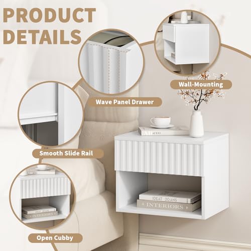 AURINEST Floating Nightstand Set of 2, Modern Wall Mounted Bedside Tables with Fluted Drawer, Night Stand Small End Table with Open Storage Shelf for Bedroom, Living Room, Small Spaces, White AURINEST