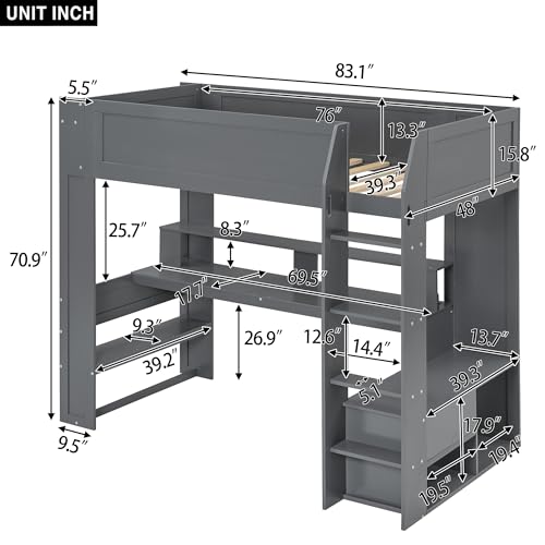 SOFTSEA Dark Grey Twin Gaming Loft Bed with Integrated Desk and Storage SOFTSEA