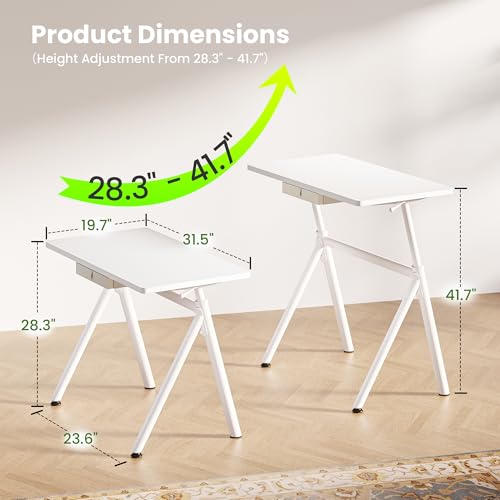 WALKINGDESK Standing Desk, 4-Leg Pneumatic Adjustable Desk for Walking Pad Treadmill - Stable No Wobble Fixed Frame, 32” Computer Desk with Fabric Drawer for Home Office, Gaming Desk, White WALKINGDESK