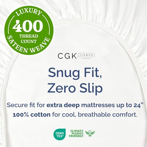 Extra Deep Queen 400 Thread Count Cotton Fitted Sheet - Hotel Luxury Single Fitted Sheet Only - Easily Fits 18" to 24" Mattress - Soft, Wrinkle Free, Breathable and Comfy - Extra Deep Pockets - White CGK Unlimited