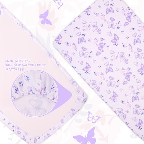 Cloele Crib Bedding Set for Girls, 3 Pieces Floral Butterfly Baby Bedding Set -Includes Comforter Fitted Sheet Crib Skirt,Standard Size Nursery Baby Crib Set for Girls,Purple Cloele