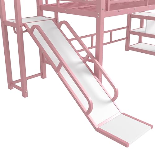 Bellemave Metal Loft/Bunk beds Twin Over Twin, Bunk beds with Slide and Stairs for Kids, Floor House Loft Bed for Kids,Pink Bellemave