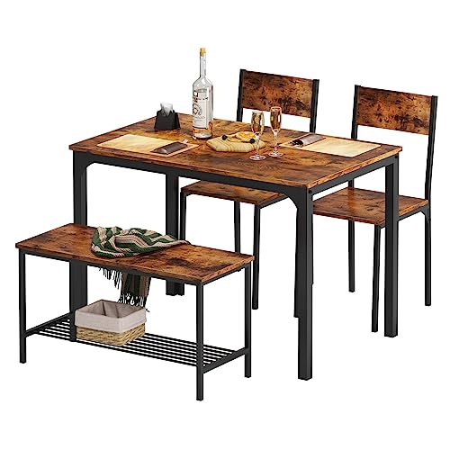 soges 4 Person Dining Table Set, 43.3inch Kitchen Table Set for 4, Dining Room 2 Chairs with Backrest, 2-Person Bench with Storage Rack, Vintage Brown soges