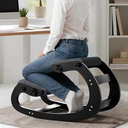TinyHaven Ergonomic Kneeling Chair with Wooden Frame - Adjustable Height Office Chair with Soft Padding for Back Pain Relief, Posture Correcting Home & Office Desk Chair Black TinyHaven