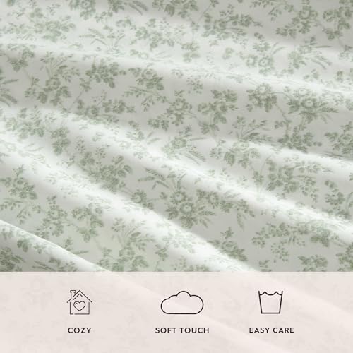 Laura Ashley – Twin Sheet Set, Ultra-Soft Bed Sheets with a Naturally Silky Smooth Cotton Sateen, Deep Pockets, Floral Bedding with Matching Fitted Sheet & Pillowcase (Floral Toile Green) Laura Ashley
