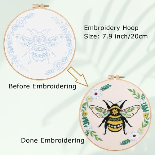 Louise Maelys Bees Embroidery Kits for Beginners, DIY Cross Stitch Starter Craft Kit for Adults Including Cloth with Pattern, Hoop, Needles Instruction and Threads
