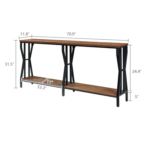 HOMISSUE Sofa Console Table, 70.9" Extra Long Sofa Table with 2-Tier Storage, Industrial Narrow Console Tables Behind Couch, Hallway Table for Entryway, Living Room, Rustic Brown HOMISSUE