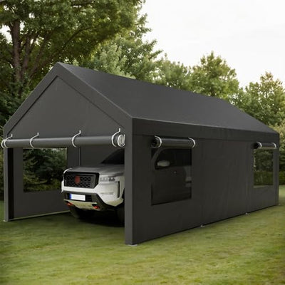 Shintenchi 12x20 FT Heavy-Duty Design Carport,Portable Garage Canopy,Carport Canopy with Side-Opening Removable Door & Roll-Up Window,Portable Car Port for Car, Truck, Boat,Grey